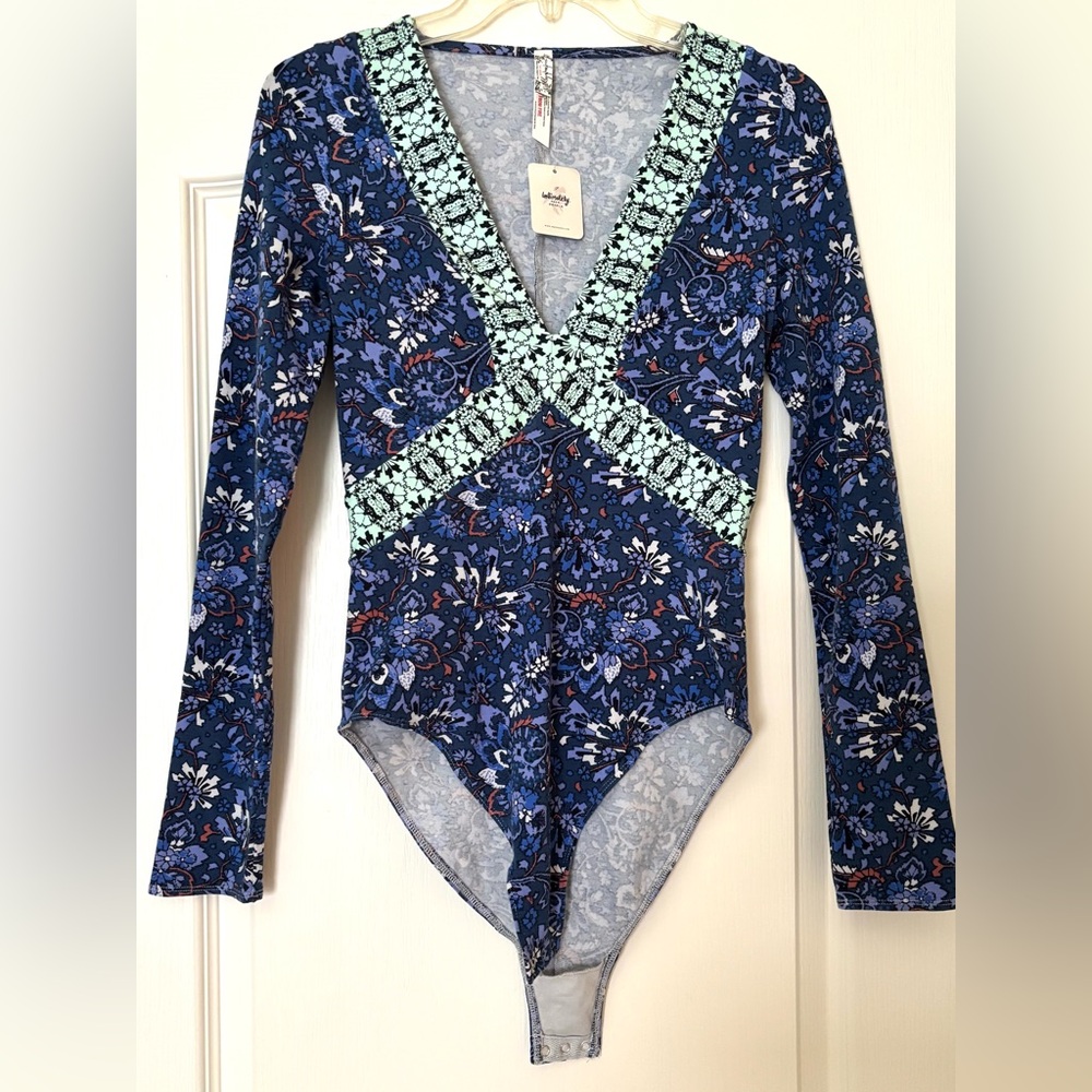 NEW NWT Free People XS Boho Blue Bodysuit Top shirt festival boho